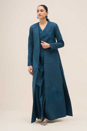 Shop Ampm Blue Shantoon Open Neck Raziya Jacket And Inner Set Online at Aza Fashions Shop_Ampm_Blue Shantoon Open Neck Raziya Jacket And Inner Set _Online_at_Aza_Fashions