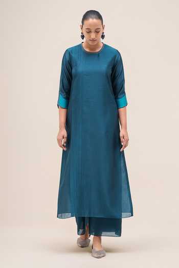 Shop Ampm Blue Chanderi Round Neck, Yes Shiloh Kurta Set Online at Aza Fashions Shop_Ampm_Blue Chanderi Round Neck, Yes Shiloh Kurta Set _Online_at_Aza_Fashions
