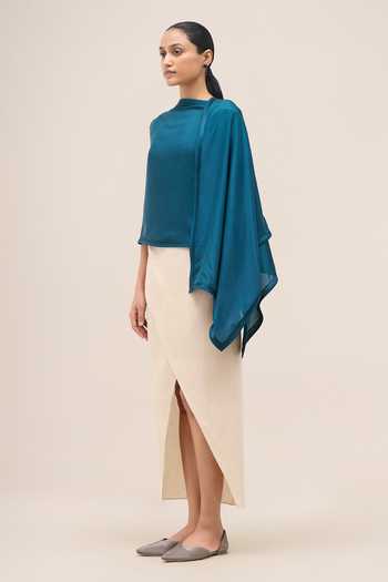 Ampm Blue Embroidery Ivelle Silk Scarf Online at Aza Fashions Ampm_Blue Embroidery Ivelle Silk Scarf _Online_at_Aza_Fashions