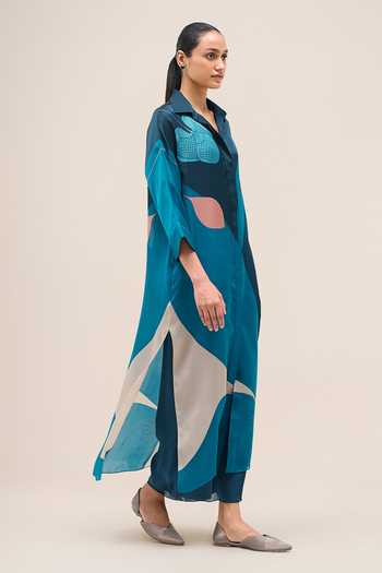 Buy Ampm Navy Organza, Satin, Lycra Collared Neck Nila Printed Tunic And Palazzo Set Online at Aza Fashions Buy_Ampm_Navy Organza, Satin, Lycra Collared Neck Nila Printed Tunic And Palazzo Set _Online_at_Aza_Fashions