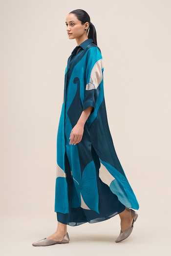 Shop Ampm Navy Organza, Satin, Lycra Collared Neck Nila Printed Tunic And Palazzo Set Online at Aza Fashions Shop_Ampm_Navy Organza, Satin, Lycra Collared Neck Nila Printed Tunic And Palazzo Set _Online_at_Aza_Fashions