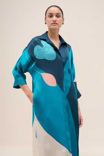 Ampm Navy Organza, Satin, Lycra Collared Neck Nila Printed Tunic And Palazzo Set at Aza Fashions Ampm_Navy Organza, Satin, Lycra Collared Neck Nila Printed Tunic And Palazzo Set _at_Aza_Fashions