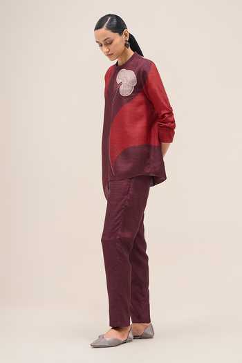 Shop Ampm Burgundy Silk Crew Neck Falak Rose Shirt And Pant Set Online at Aza Fashions Shop_Ampm_Burgundy Silk Crew Neck Falak Rose Shirt And Pant Set _Online_at_Aza_Fashions