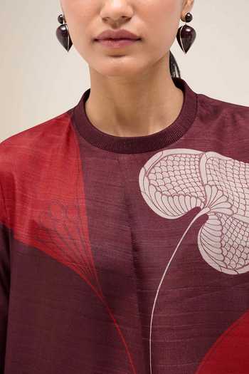 Ampm Burgundy Silk Crew Neck Falak Rose Shirt And Pant Set at Aza Fashions Ampm_Burgundy Silk Crew Neck Falak Rose Shirt And Pant Set _at_Aza_Fashions