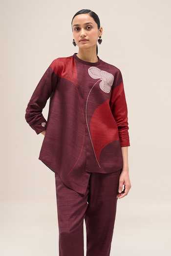 Buy Ampm Burgundy Silk Crew Neck Falak Rose Shirt And Pant Set Buy_Ampm_Burgundy Silk Crew Neck Falak Rose Shirt And Pant Set