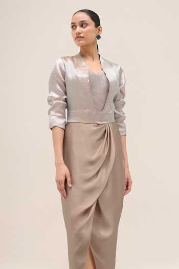 Buy Ampm Silver Open Neck Ayla Metallic Top Set Buy_Ampm_Silver Open Neck Ayla Metallic Top Set