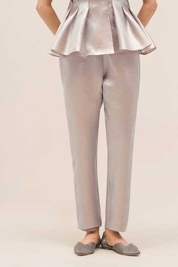Ampm_Silver V-neck Sahar Metallic Top And Pant Set _Online_at_Aza_Fashions