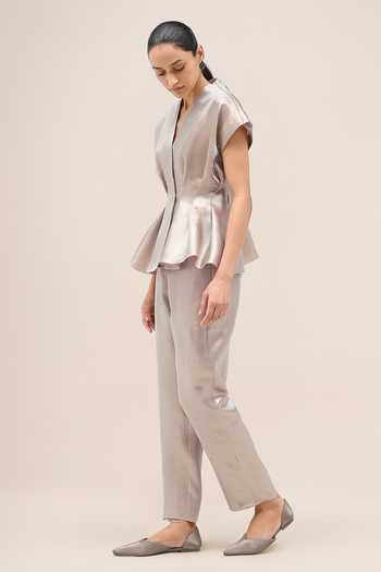 Shop_Ampm_Silver V-neck Sahar Metallic Top And Pant Set _Online_at_Aza_Fashions