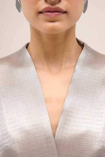 Ampm_Silver V-neck Sahar Metallic Top And Pant Set _at_Aza_Fashions