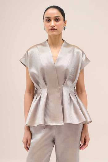 Shop_Ampm_Silver V-neck Sahar Metallic Top And Pant Set 