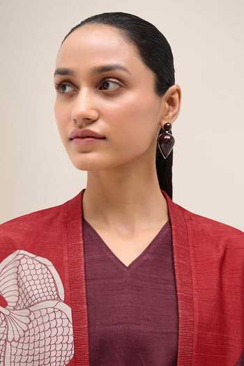 Ampm Burgundy Silk Open Neck Naaz Rose Jacket Set Online at Aza Fashions Ampm_Burgundy Silk Open Neck Naaz Rose Jacket Set _Online_at_Aza_Fashions