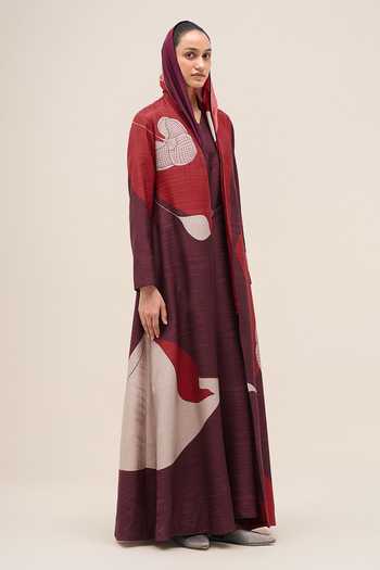 Shop Ampm Burgundy Silk Open Neck Naaz Rose Jacket Set Online at Aza Fashions Shop_Ampm_Burgundy Silk Open Neck Naaz Rose Jacket Set _Online_at_Aza_Fashions