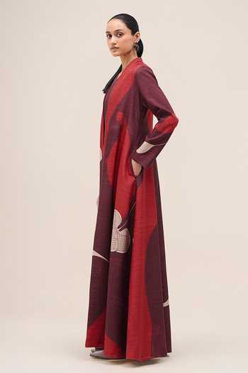Ampm Burgundy Silk Open Neck Naaz Rose Jacket Set at Aza Fashions Ampm_Burgundy Silk Open Neck Naaz Rose Jacket Set _at_Aza_Fashions