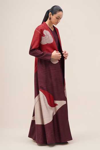 Shop Ampm Burgundy Silk Open Neck Naaz Rose Jacket Set Shop_Ampm_Burgundy Silk Open Neck Naaz Rose Jacket Set