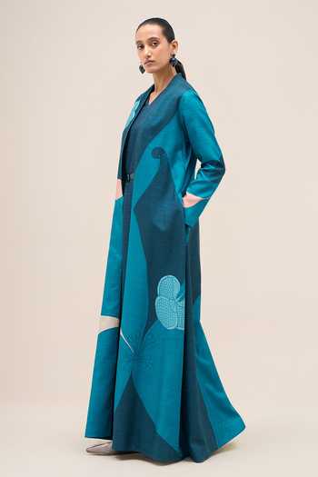 Shop Ampm Blue Silk Shawl Neck Naaz Rose Jacket Set Online at Aza Fashions Shop_Ampm_Blue Silk Shawl Neck Naaz Rose Jacket Set _Online_at_Aza_Fashions