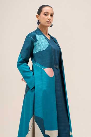 Ampm Blue Silk Shawl Neck Naaz Rose Jacket Set at Aza Fashions Ampm_Blue Silk Shawl Neck Naaz Rose Jacket Set _at_Aza_Fashions