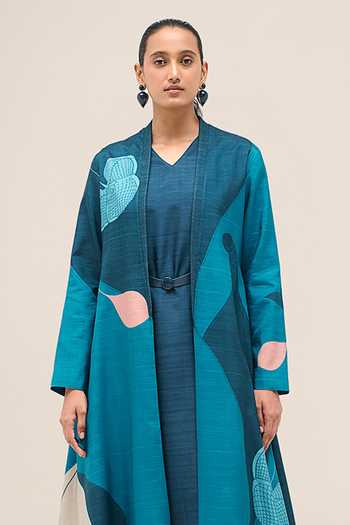 Buy Ampm Blue Silk Shawl Neck Naaz Rose Jacket Set Buy_Ampm_Blue Silk Shawl Neck Naaz Rose Jacket Set