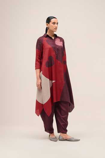 Ampm Burgundy Silk Collared Neck, Yes Zoha Printed Tunic And Dhoti Pant Set Online at Aza Fashions Ampm_Burgundy Silk Collared Neck, Yes Zoha Printed Tunic And Dhoti Pant Set _Online_at_Aza_Fashions