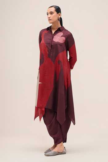 Shop Ampm Burgundy Silk Collared Neck, Yes Zoha Printed Tunic And Dhoti Pant Set Online at Aza Fashions Shop_Ampm_Burgundy Silk Collared Neck, Yes Zoha Printed Tunic And Dhoti Pant Set _Online_at_Aza_Fashions