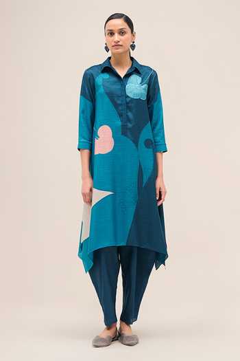 Ampm Blue Silk Collared Neck Zoha Printed Tunic And Dhoti Pant Set Online at Aza Fashions Ampm_Blue Silk Collared Neck Zoha Printed Tunic And Dhoti Pant Set _Online_at_Aza_Fashions