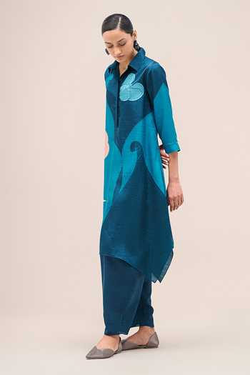 Buy Ampm Blue Silk Collared Neck Zoha Printed Tunic And Dhoti Pant Set Online at Aza Fashions Buy_Ampm_Blue Silk Collared Neck Zoha Printed Tunic And Dhoti Pant Set _Online_at_Aza_Fashions