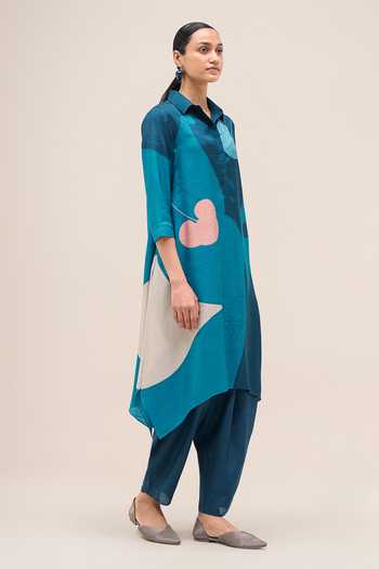 Shop Ampm Blue Silk Collared Neck Zoha Printed Tunic And Dhoti Pant Set Online at Aza Fashions Shop_Ampm_Blue Silk Collared Neck Zoha Printed Tunic And Dhoti Pant Set _Online_at_Aza_Fashions