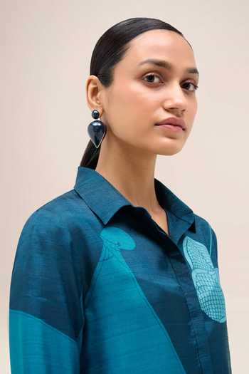 Buy Ampm Blue Silk Collared Neck Zoha Printed Tunic And Dhoti Pant Set Buy_Ampm_Blue Silk Collared Neck Zoha Printed Tunic And Dhoti Pant Set