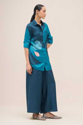 Ampm Blue Silk Collared Neck Arwa Printed Shirt And Palazzo Set Online at Aza Fashions Ampm_Blue Silk Collared Neck Arwa Printed Shirt And Palazzo Set _Online_at_Aza_Fashions