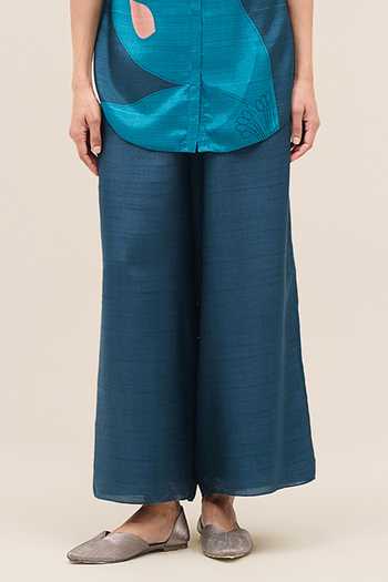 Buy Ampm Blue Silk Collared Neck Arwa Printed Shirt And Palazzo Set Online at Aza Fashions Buy_Ampm_Blue Silk Collared Neck Arwa Printed Shirt And Palazzo Set _Online_at_Aza_Fashions
