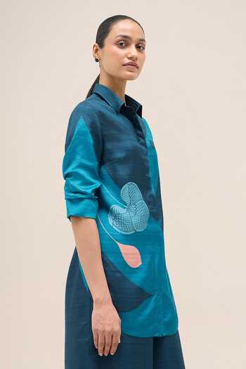 Shop Ampm Blue Silk Collared Neck Arwa Printed Shirt And Palazzo Set Online at Aza Fashions Shop_Ampm_Blue Silk Collared Neck Arwa Printed Shirt And Palazzo Set _Online_at_Aza_Fashions