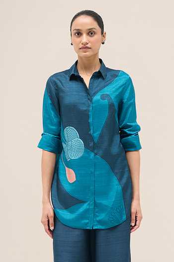 Ampm Blue Silk Collared Neck Arwa Printed Shirt And Palazzo Set at Aza Fashions Ampm_Blue Silk Collared Neck Arwa Printed Shirt And Palazzo Set _at_Aza_Fashions