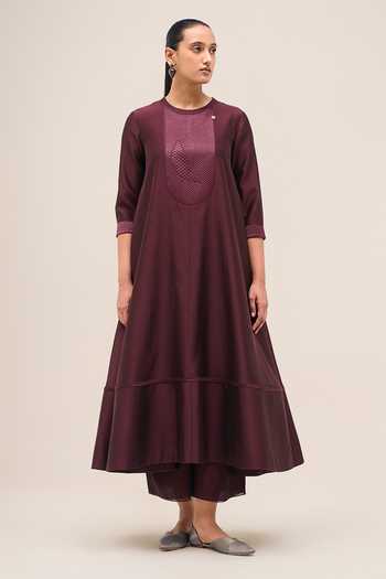 Buy Ampm Burgundy Chanderi Round Neck Kainaz Kurta Set Buy_Ampm_Burgundy Chanderi Round Neck Kainaz Kurta Set