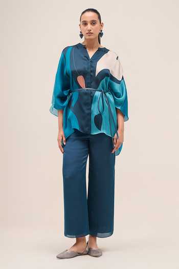 Ampm Blue Organza, Satin Miya Kaftan Shirt Set at Aza Fashions Ampm_Blue Organza, Satin Miya Kaftan Shirt Set _at_Aza_Fashions
