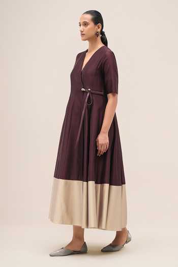 Ampm Burgundy Chanderi V-neck Lara Dress Online at Aza Fashions Ampm_Burgundy Chanderi V-neck Lara Dress _Online_at_Aza_Fashions