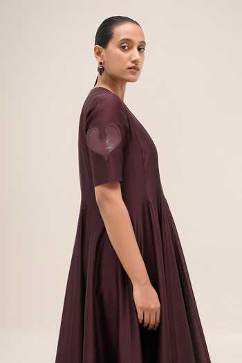 Buy Ampm Burgundy Chanderi V-neck Lara Dress Online at Aza Fashions Buy_Ampm_Burgundy Chanderi V-neck Lara Dress _Online_at_Aza_Fashions
