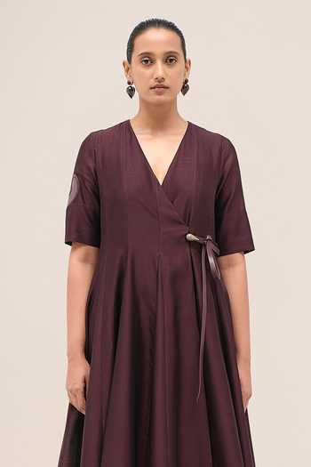 Shop Ampm Burgundy Chanderi V-neck Lara Dress Online at Aza Fashions Shop_Ampm_Burgundy Chanderi V-neck Lara Dress _Online_at_Aza_Fashions