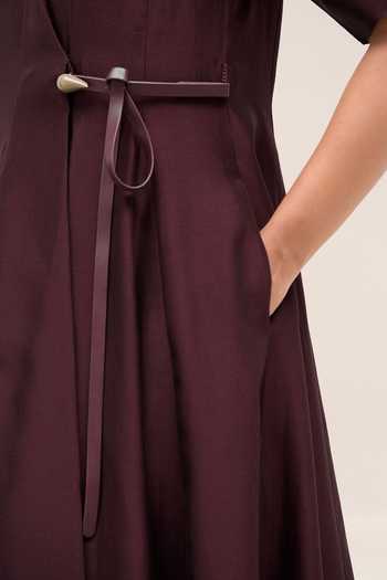 Ampm Burgundy Chanderi V-neck Lara Dress at Aza Fashions Ampm_Burgundy Chanderi V-neck Lara Dress _at_Aza_Fashions