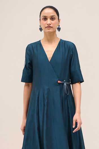 Ampm Blue Chanderi V-neck Lara Dress Online at Aza Fashions Ampm_Blue Chanderi V-neck Lara Dress _Online_at_Aza_Fashions