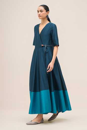 Buy Ampm Blue Chanderi V-neck Lara Dress Online at Aza Fashions Buy_Ampm_Blue Chanderi V-neck Lara Dress _Online_at_Aza_Fashions