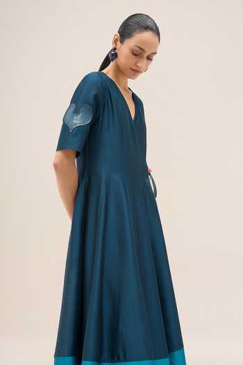 Shop Ampm Blue Chanderi V-neck Lara Dress Online at Aza Fashions Shop_Ampm_Blue Chanderi V-neck Lara Dress _Online_at_Aza_Fashions