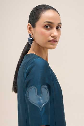 Ampm Blue Chanderi V-neck Lara Dress at Aza Fashions Ampm_Blue Chanderi V-neck Lara Dress _at_Aza_Fashions