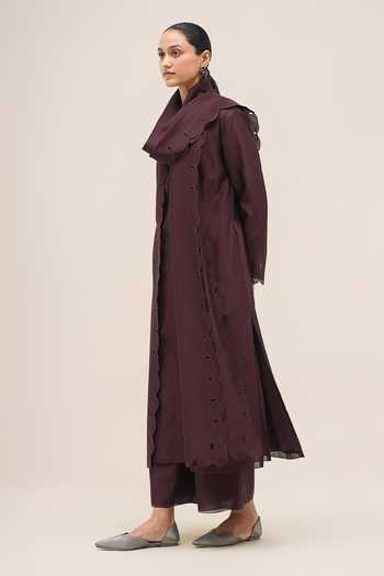 Ampm Burgundy Chanderi Shawl Neck Asrah Jacket Palazzo Set Online at Aza Fashions Ampm_Burgundy Chanderi Shawl Neck Asrah Jacket Palazzo Set _Online_at_Aza_Fashions