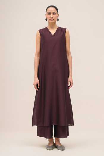 Shop Ampm Burgundy Chanderi Shawl Neck Asrah Jacket Palazzo Set Online at Aza Fashions Shop_Ampm_Burgundy Chanderi Shawl Neck Asrah Jacket Palazzo Set _Online_at_Aza_Fashions