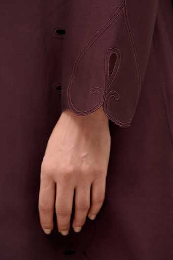 Ampm Burgundy Chanderi Shawl Neck Asrah Jacket Palazzo Set at Aza Fashions Ampm_Burgundy Chanderi Shawl Neck Asrah Jacket Palazzo Set _at_Aza_Fashions