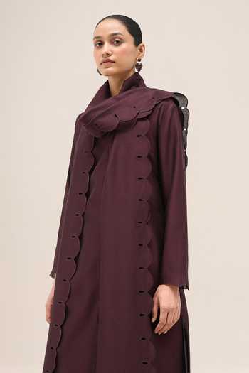 Buy Ampm Burgundy Chanderi Shawl Neck Asrah Jacket Palazzo Set Buy_Ampm_Burgundy Chanderi Shawl Neck Asrah Jacket Palazzo Set