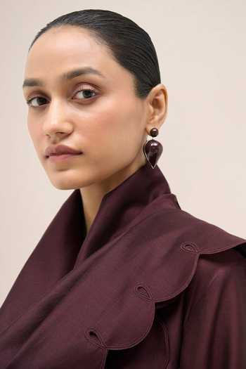 Shop Ampm Burgundy Chanderi Shawl Neck Asrah Jacket Palazzo Set Shop_Ampm_Burgundy Chanderi Shawl Neck Asrah Jacket Palazzo Set