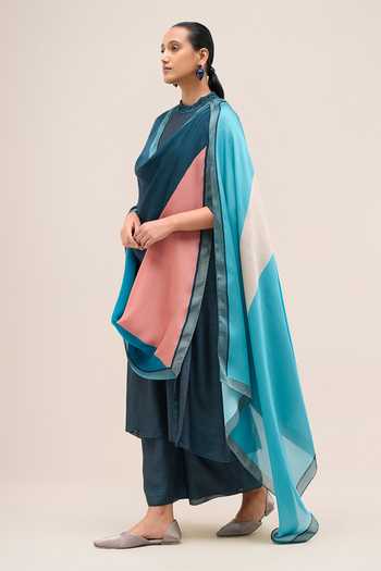 Ampm Blue Chanderi High Neck Safira Kurta Set at Aza Fashions Ampm_Blue Chanderi High Neck Safira Kurta Set _at_Aza_Fashions