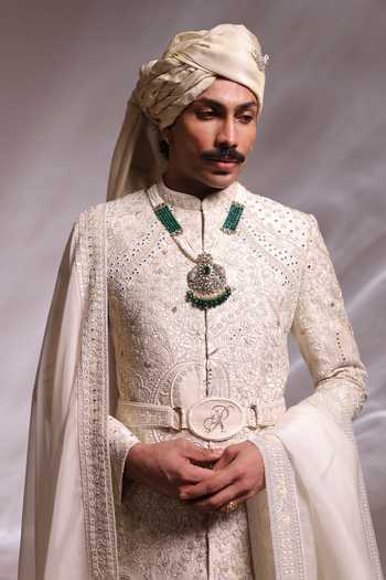 Buy_Paarsh_Ivory Raw Silk, Silk, Bemberg, Cotton, The Worli Embroidered Sherwani Set _Online_at_Aza_Fashions