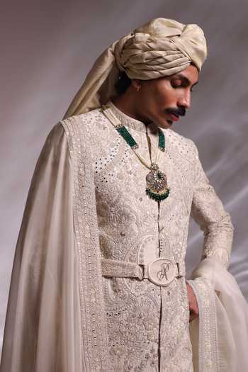 Shop_Paarsh_Ivory Raw Silk, Silk, Bemberg, Cotton, The Worli Embroidered Sherwani Set _Online_at_Aza_Fashions