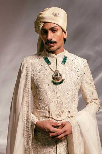 Paarsh_Ivory Raw Silk, Silk, Bemberg, Cotton, The Worli Embroidered Sherwani Set _at_Aza_Fashions